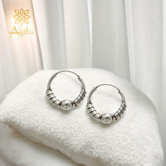 Azita 925 Sterling Silver Oxidised Hoop Earrings for Women and Girls with Certificate of Authenticity and 925 Stamp |Spiral with ball Bali|