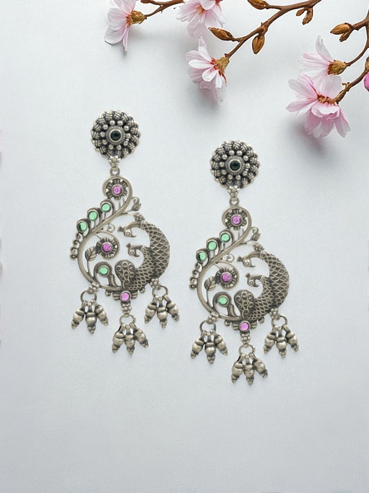 Azita 925 Sterling Silver Oxidised Big Peacock Dangle and Drop Earrings for Women and Girls| with certificate of authenticity and 925 stamp.