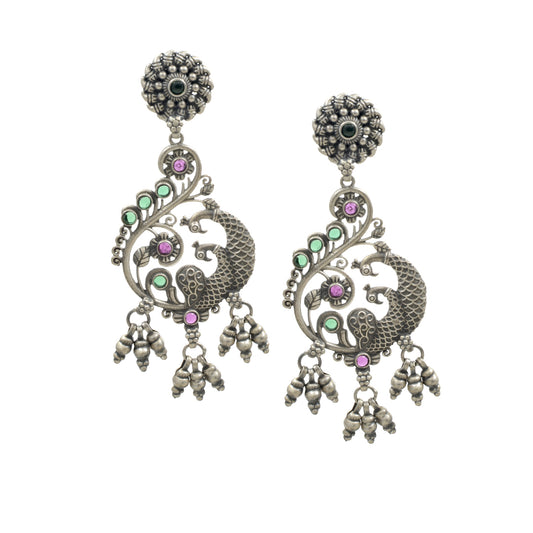 Azita 925 Sterling Silver Oxidised Big Peacock Dangle and Drop Earrings for Women and Girls| with certificate of authenticity and 925 stamp.