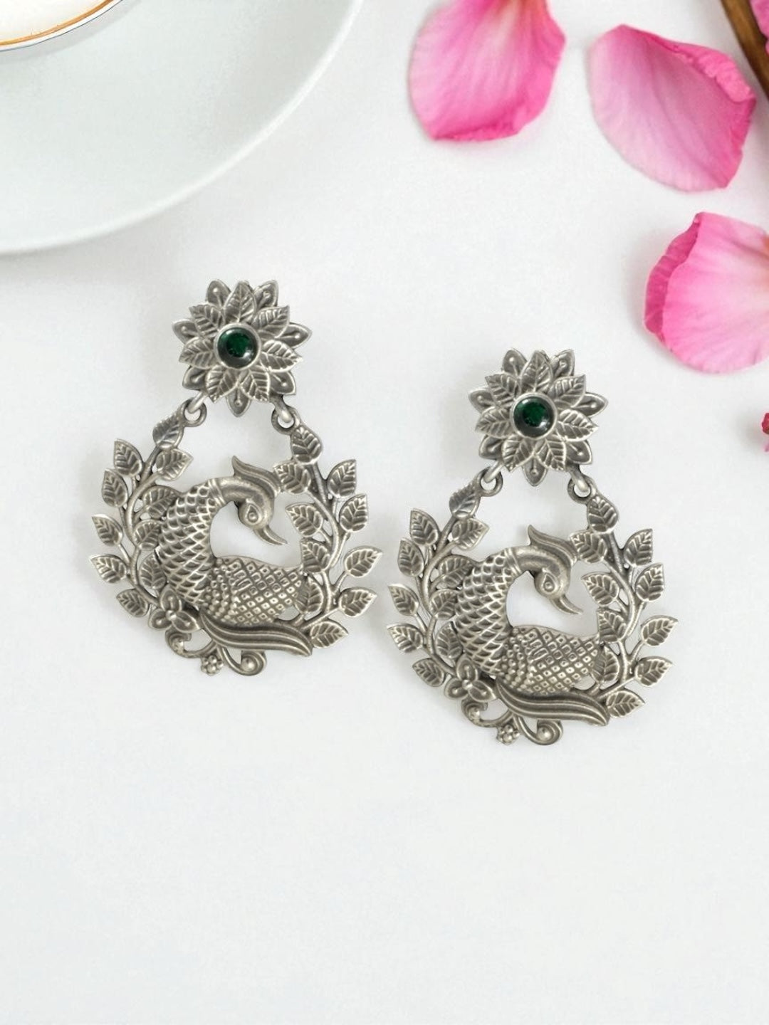 Azita 925 Sterling Silver Oxidised Leafy Peacock Dangle and Drop Earrings for Women and Girls| with certificate of authenticity and 925 stamp.