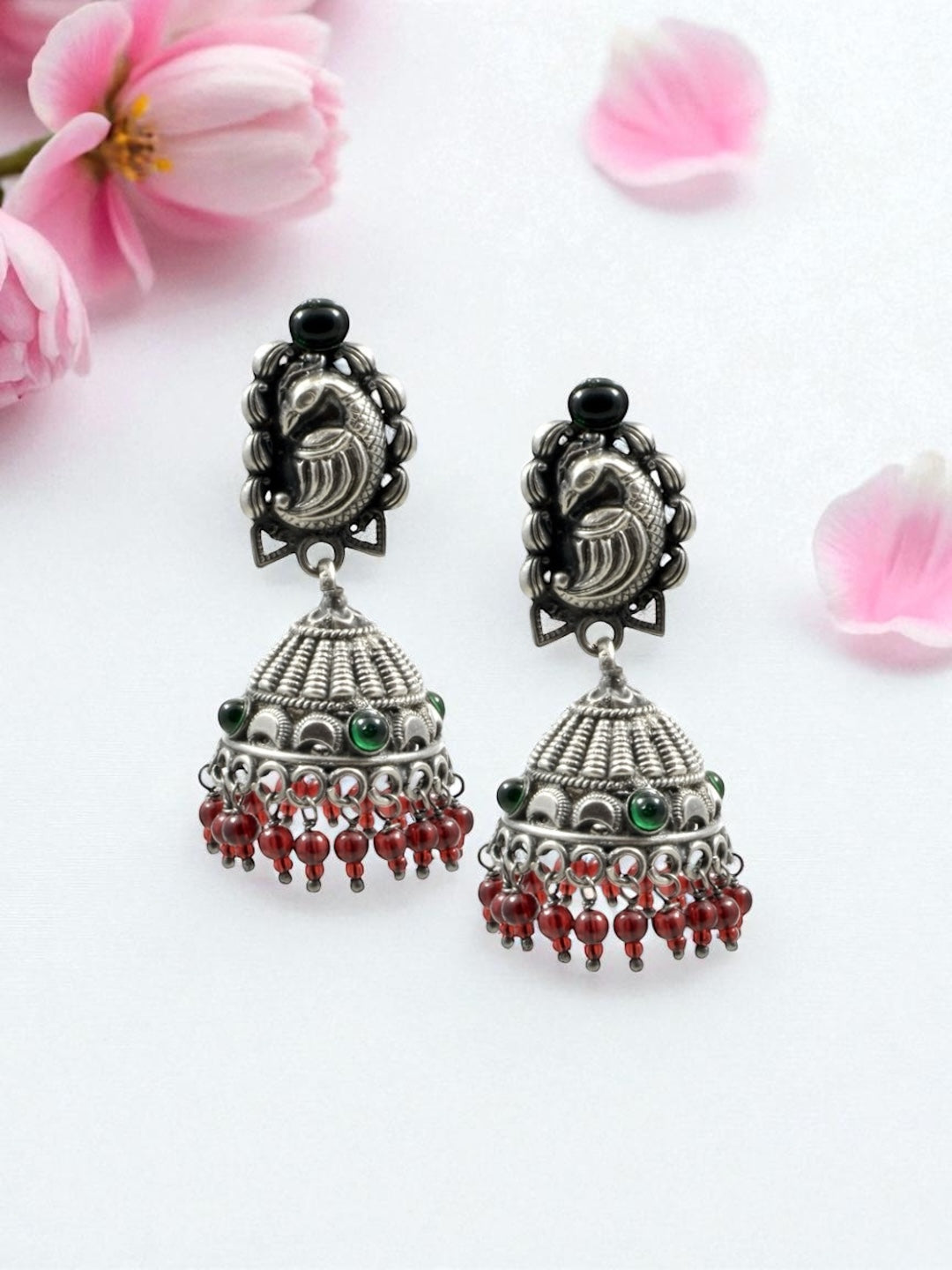 Azita 925 Sterling Silver Oxidised Peacock Jhumki Earrings for Women and Girls| Red Beads at bottom| with certificate of authenticity and 925 stamp.