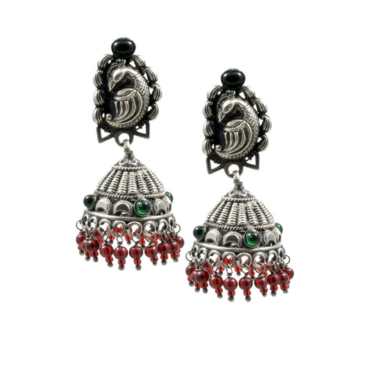 Azita 925 Sterling Silver Oxidised Peacock Jhumki Earrings for Women and Girls| Red Beads at bottom| with certificate of authenticity and 925 stamp.
