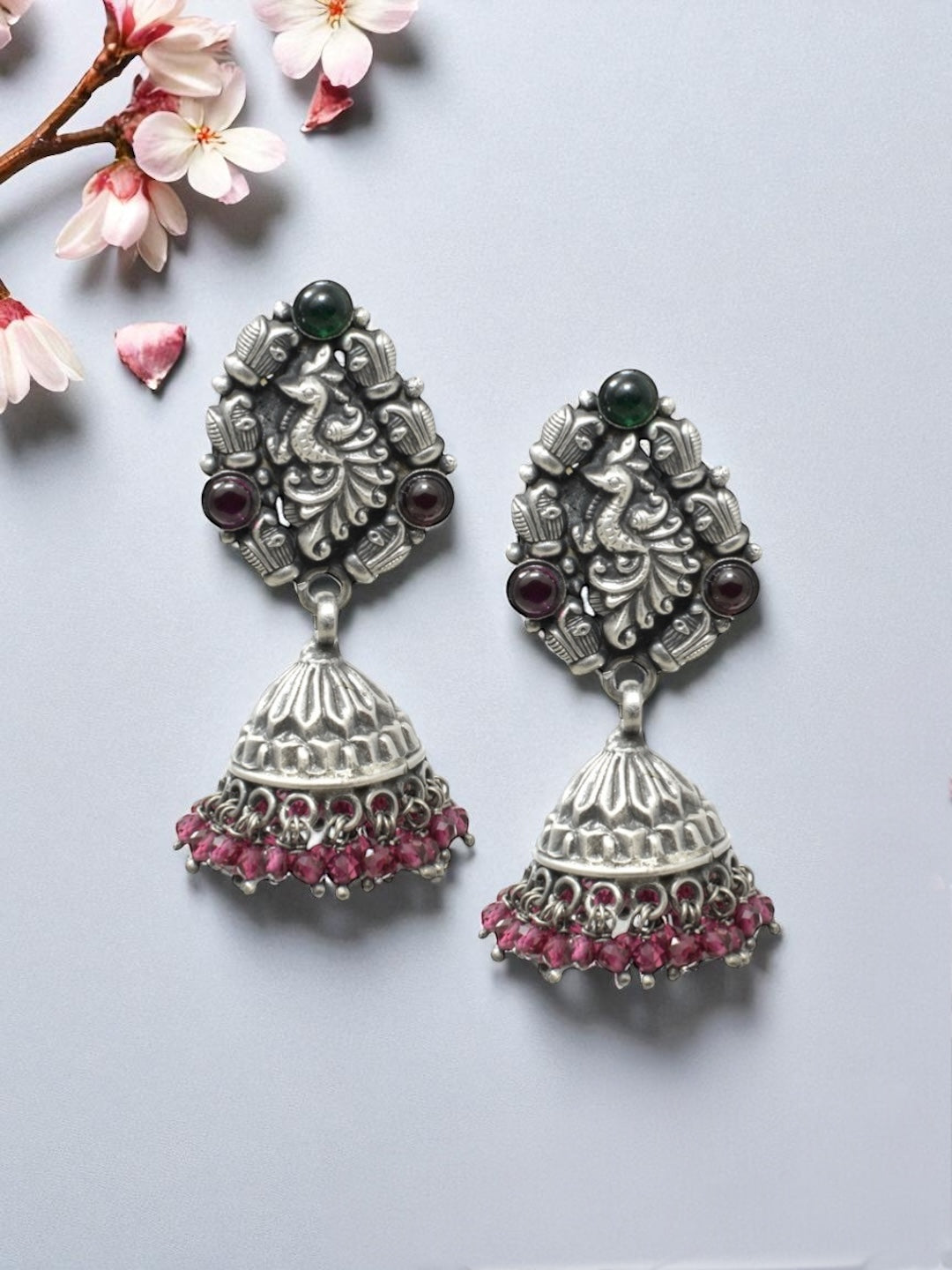 Azita 925 Sterling Silver Oxidised Peacock Jhumki Earrings for Women and Girls| Red Beads at bottom| with certificate of authenticity and 925 stamp.
