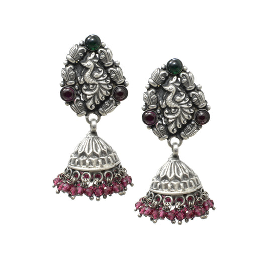 Azita 925 Sterling Silver Oxidised Peacock Jhumki Earrings for Women and Girls| Red Beads at bottom| with certificate of authenticity and 925 stamp.