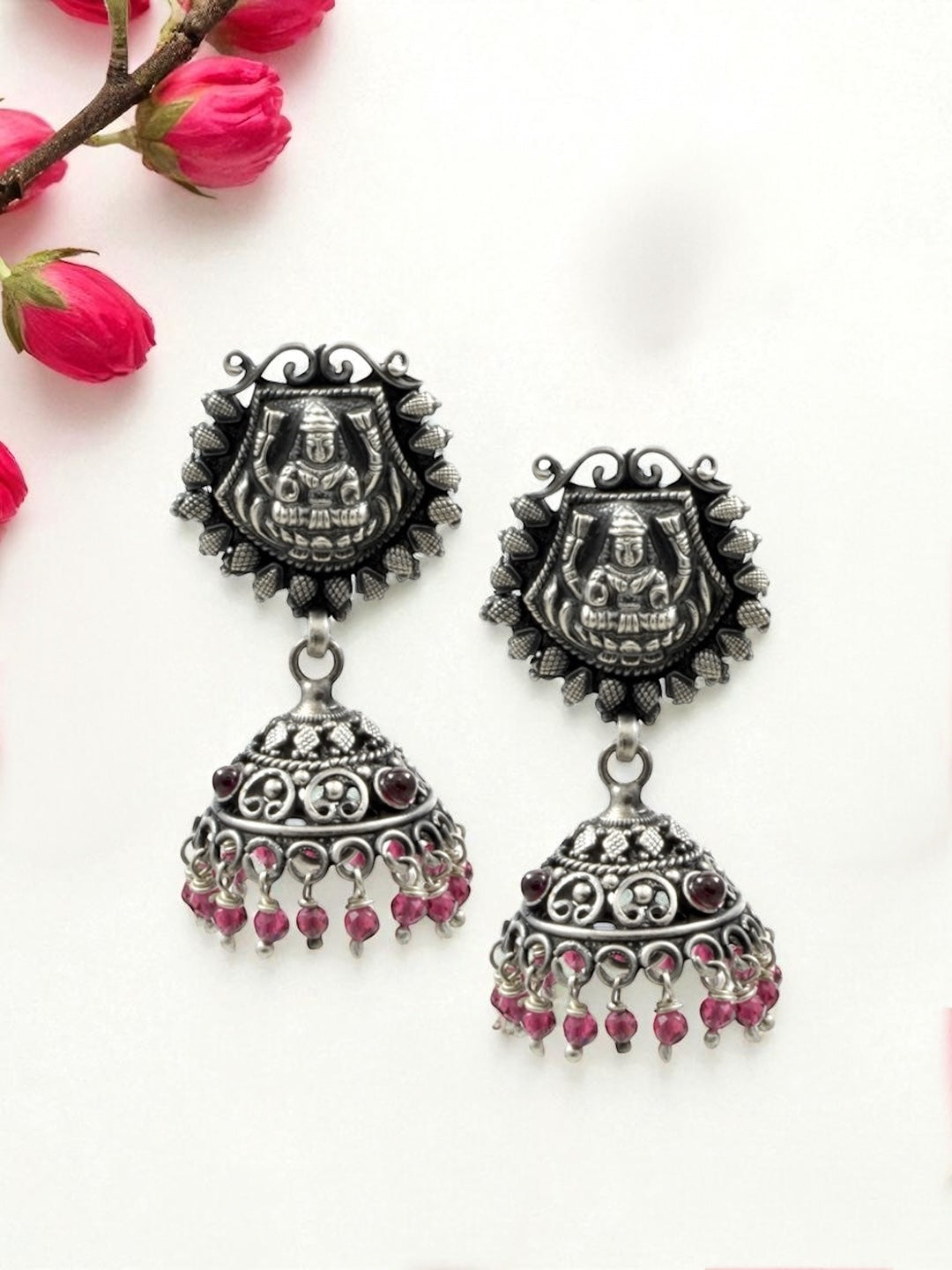 Azita 925 Sterling Silver oxidised laxmi Jhumki Earrings for women and girls| Red Beads at bottom| with certificate of authenticity and 925 stamp.