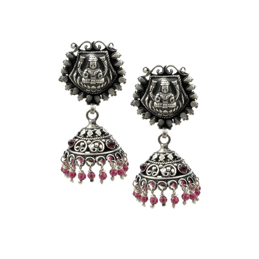 Azita 925 Sterling Silver oxidised laxmi Jhumki Earrings for women and girls| Red Beads at bottom| with certificate of authenticity and 925 stamp.