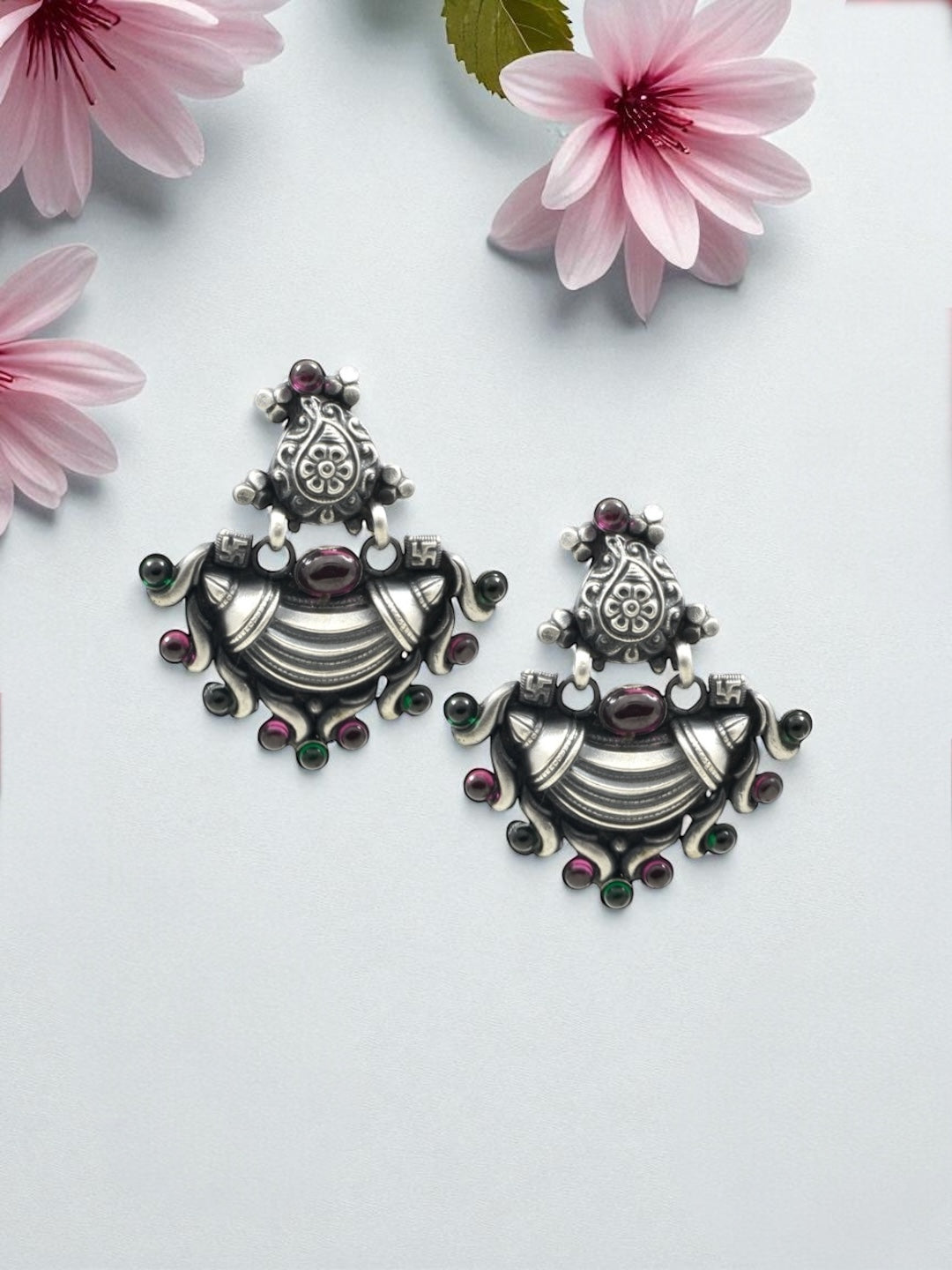 Azita 925 Sterling Silver Oxidised Dangle and Drop Chandbali Earrings for Women and Girls | Red & Green Stone with Certificate of Authenticity and 925 Stamp.