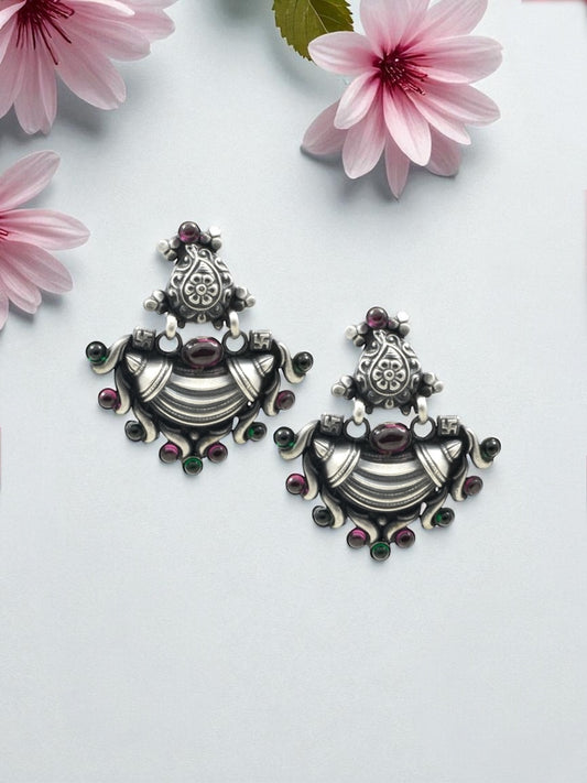 Azita 925 Sterling Silver Oxidised Dangle and Drop Chandbali Earrings for Women and Girls | Red & Green Stone with Certificate of Authenticity and 925 Stamp.