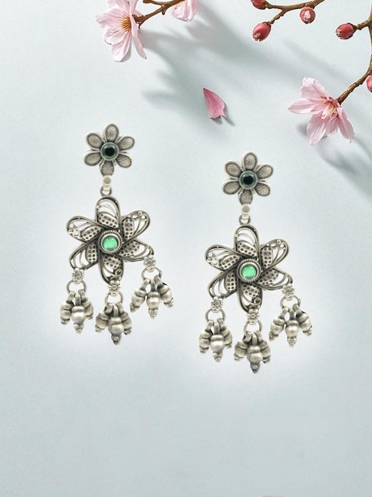 Azita 925 Sterling Silver Oxidised Flower Dangle and Drop Earrings for Women and Girls| Green Beads at center| with certificate of authenticity and 925 stamp.