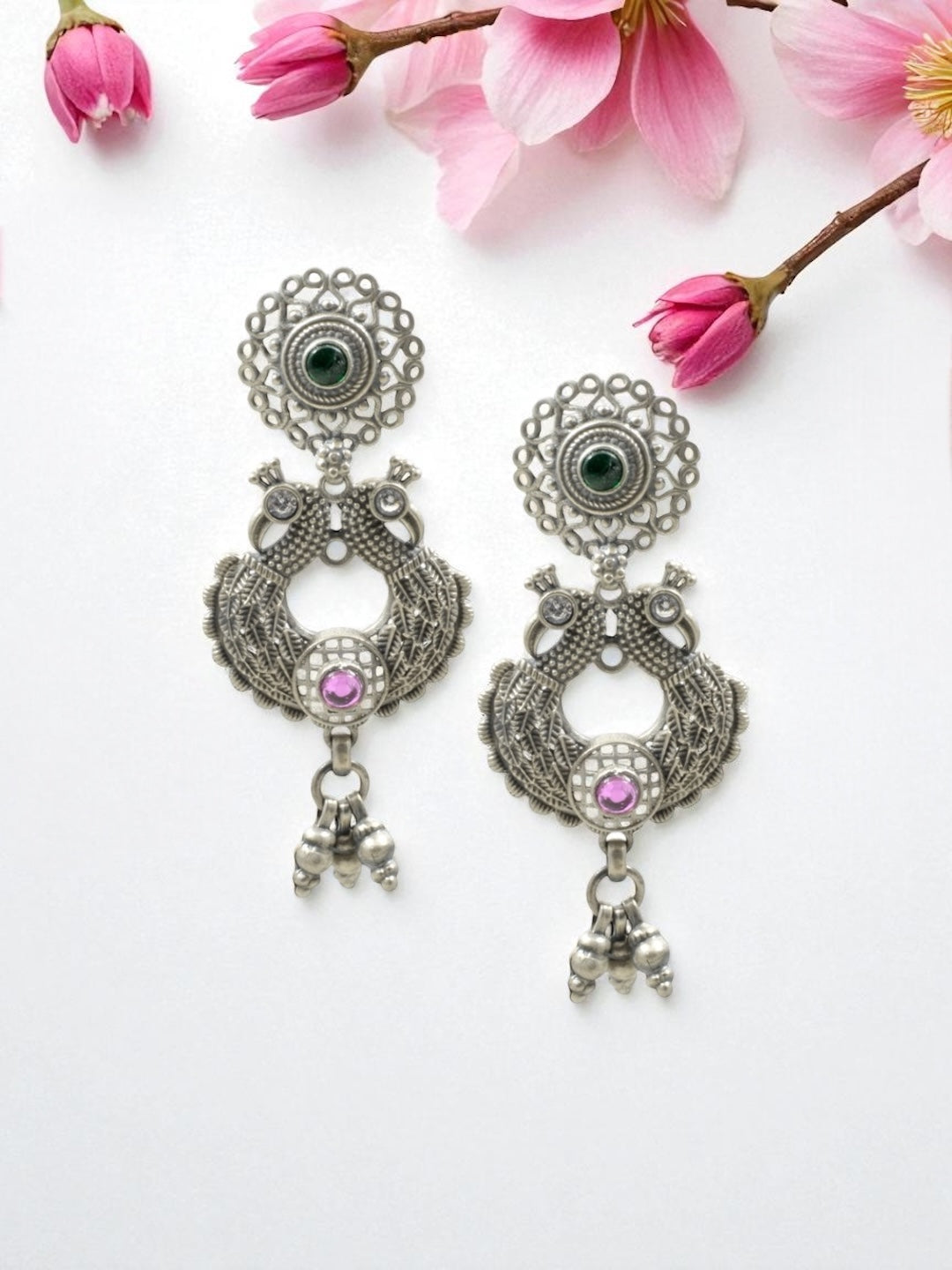 Azita 925 Sterling Silver Oxidised Peacock Dangle and Drop Earrings for Women and Girls| Red Beads at bottom| with certificate of authenticity and 925 stamp.