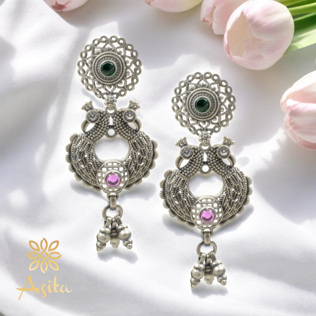 Azita 925 Sterling Silver Oxidised Peacock Dangle and Drop Earrings for Women and Girls| Red Beads at bottom| with certificate of authenticity and 925 stamp.