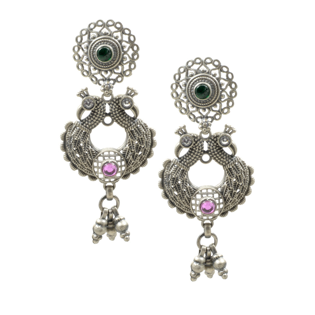 Azita 925 Sterling Silver Oxidised Peacock Dangle and Drop Earrings for Women and Girls| Red Beads at bottom| with certificate of authenticity and 925 stamp.