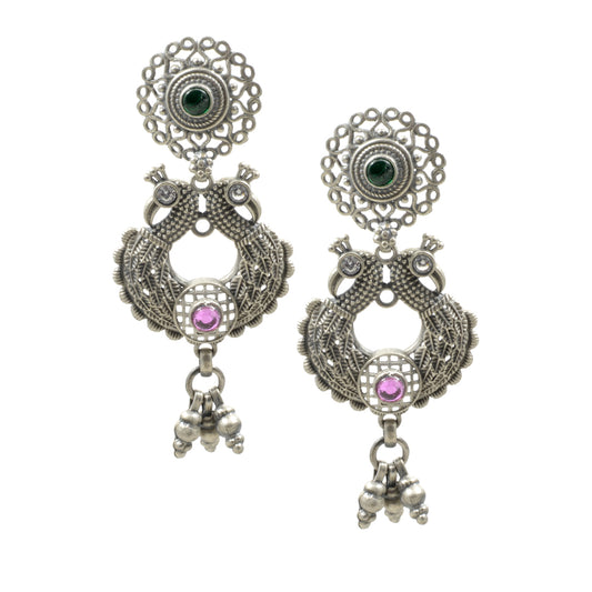 Azita 925 Sterling Silver Oxidised Peacock Dangle and Drop Earrings for Women and Girls| Red Beads at bottom| with certificate of authenticity and 925 stamp.