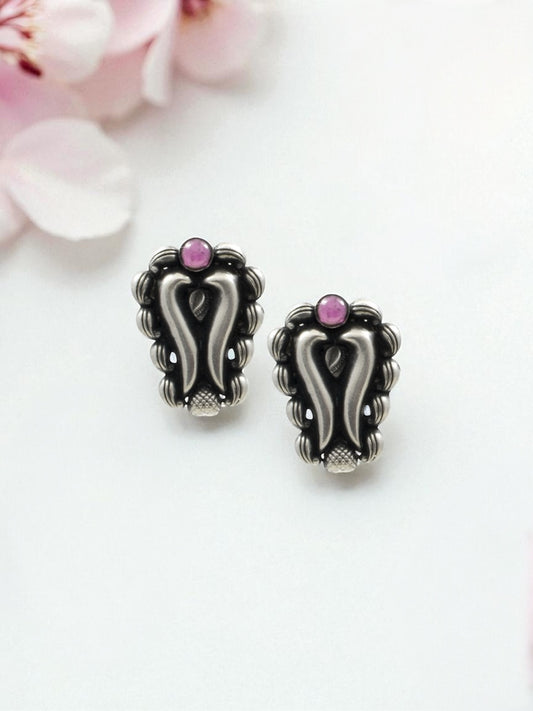 Azita 925 Sterling Silver oxidised Big Studs earrings for women and girls| Pink Stone at Top| with certificate of authenticity and 925 stamp.