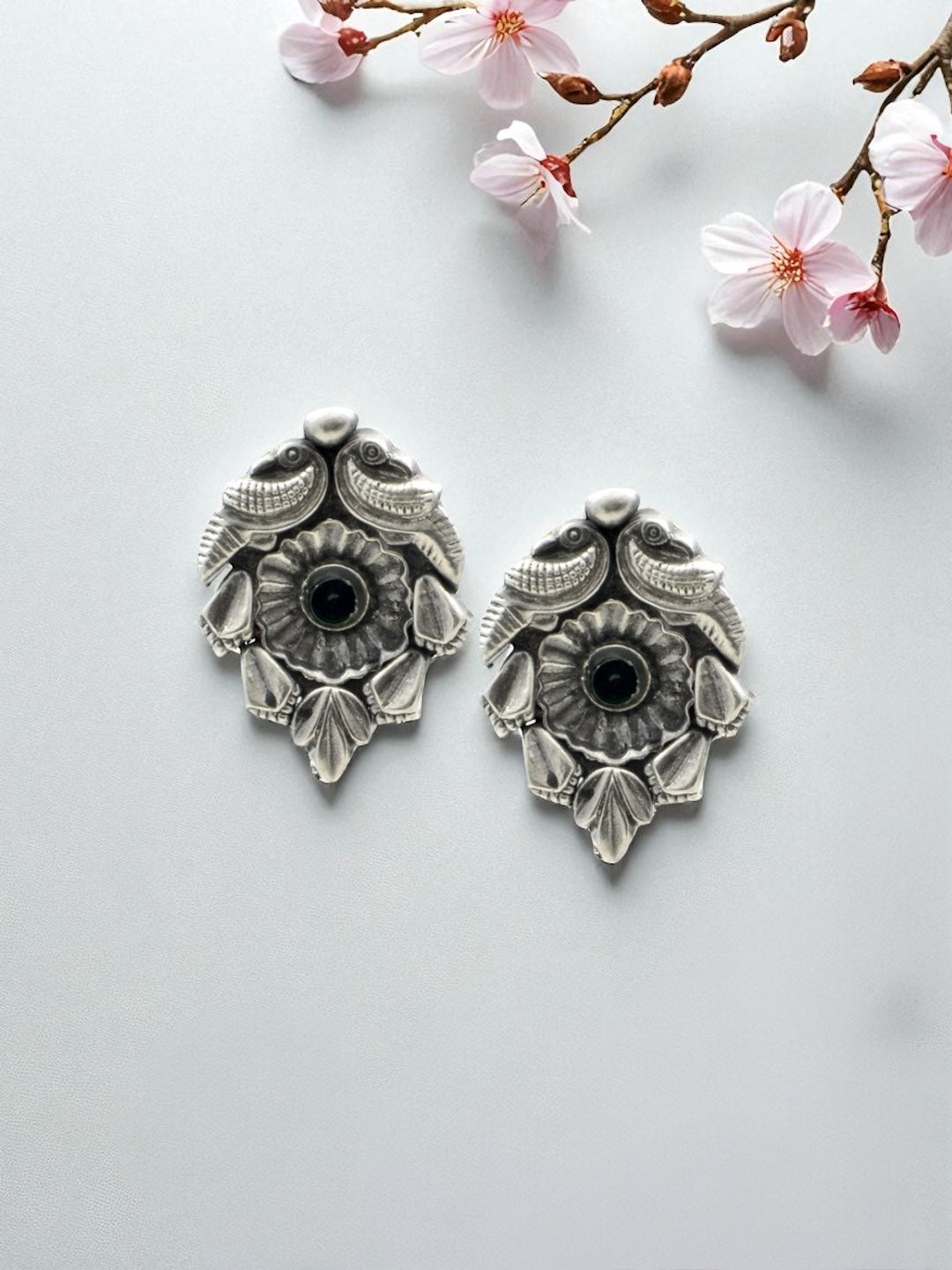 Azita 925 Sterling Silver oxidised Peacock Studs earrings for women and girls | Green Stone at Centre| with certificate of authenticity and 925 stamp.
