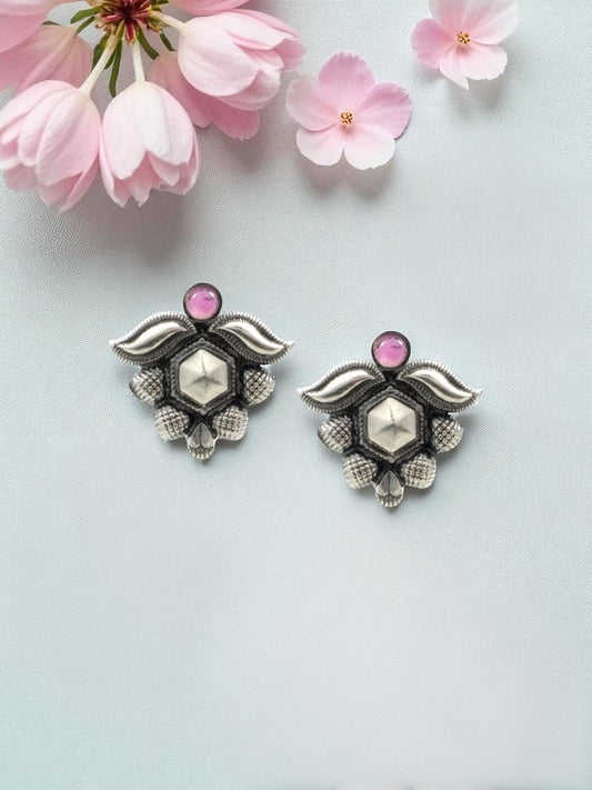 Azita 925 Sterling Silver oxidised Studs earrings for women and girls| Pink Stone at Top| with certificate of authenticity and 925 stamp.