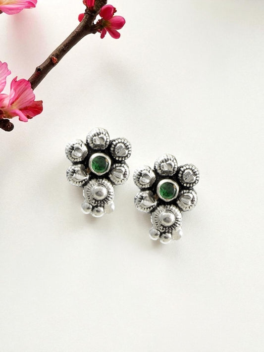 Azita 925 Sterling Silver oxidised Flower Studs earrings for women and girls| Green Stone at Centre| with certificate of authenticity and 925 stamp.