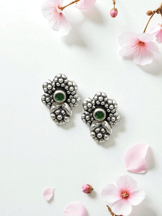 Azita 925 Sterling Silver oxidised Flower Studs earrings for women and girls| Green Stone| with certificate of authenticity and 925 stamp.