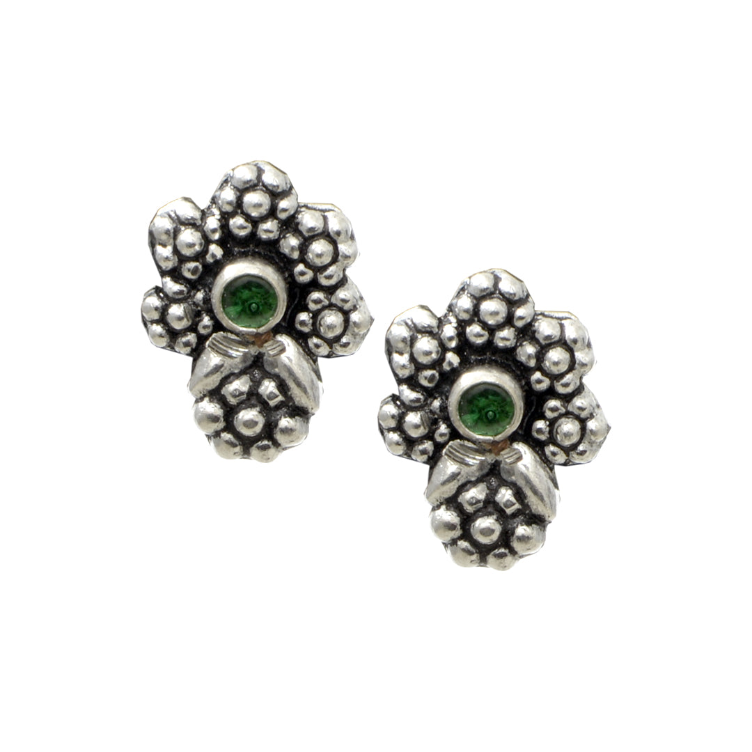 Azita 925 Sterling Silver oxidised Flower Studs earrings for women and girls| Green Stone| with certificate of authenticity and 925 stamp.