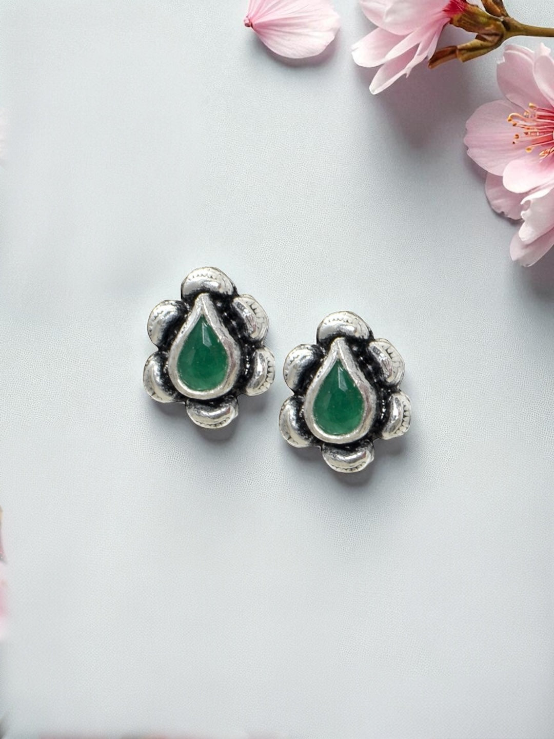 Azita 925 Sterling Silver oxidised Flower Studs earrings for women and girls |Drop Green Stone| with certificate of authenticity and 925 stamp.