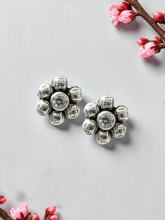 Azita 925 Sterling Silver oxidised Flower Studs earrings for women and girls |White Stone at Centre| with certificate of authenticity and 925 stamp.