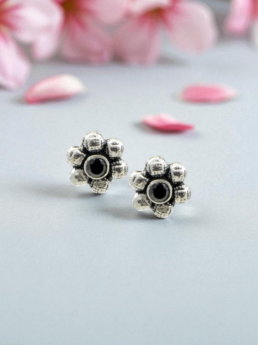 Azita 925 Sterling Silver oxidised Flower Studs earrings for women and girls |Black Stone at Centre| with certificate of authenticity and 925 stamp.