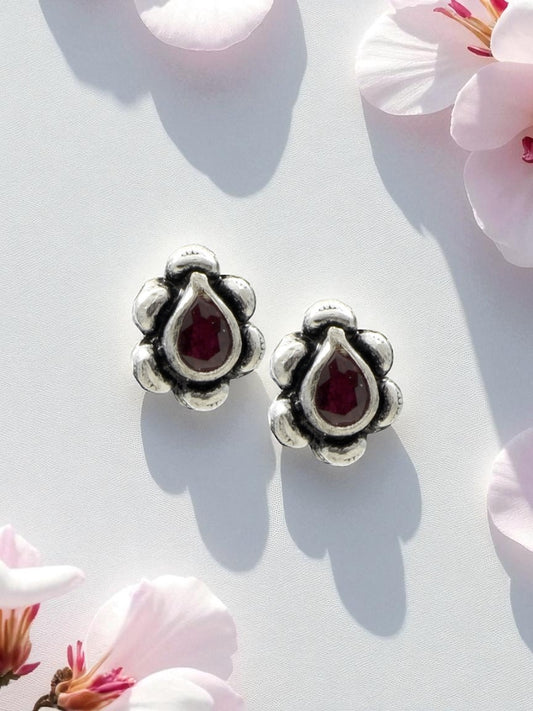 Azita 925 Sterling Silver oxidised Flower Studs earrings for women and girls |Drop Pink Stone| with certificate of authenticity and 925 stamp.