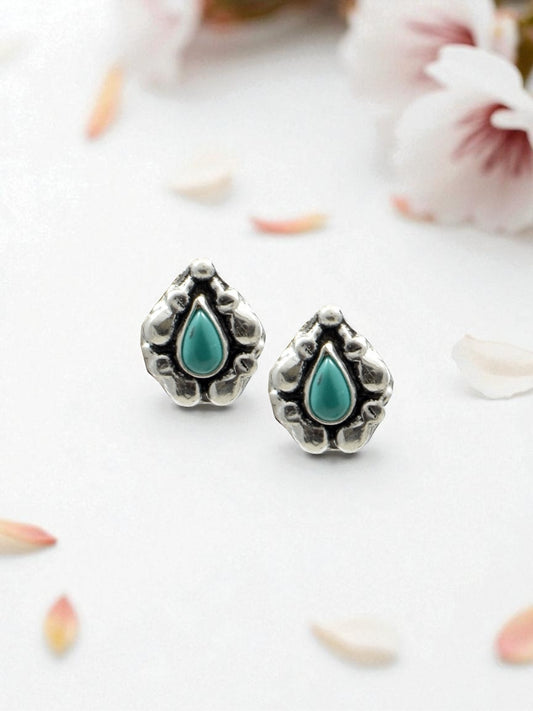 Azita 925 Sterling Silver oxidised Flower Studs earrings for women and girls |Drop Aqua Stone| with certificate of authenticity and 925 stamp.