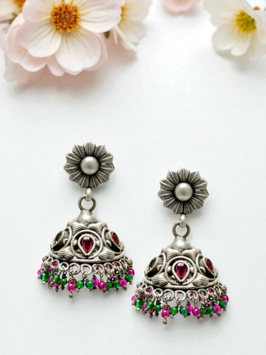 Azita 925 Sterling Silver Oxidised Jhumki Earrings for Women and Girls| Sun Flower Top with Pink & Green Stone | With Certificate of Authenticity & 925 Stamp|