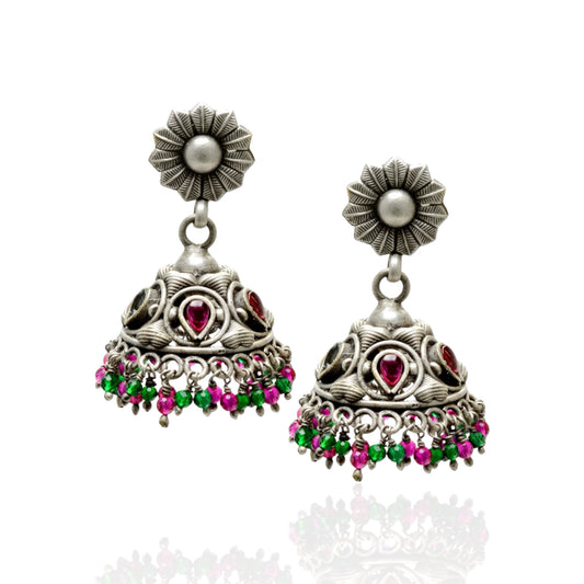Azita 925 Sterling Silver Oxidised Jhumki Earrings for Women and Girls| Sun Flower Top with Pink & Green Stone | With Certificate of Authenticity & 925 Stamp|