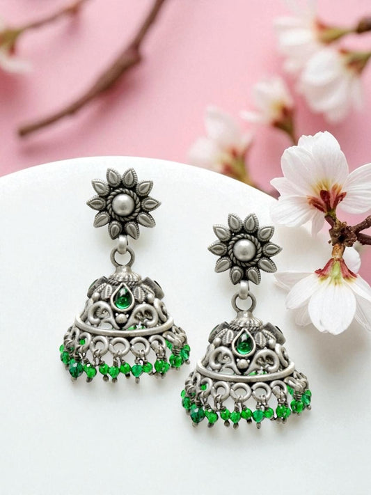 Azita 925 Sterling Silver Oxidised Jhumki Earrings for Women and Girls| Sun Flower Top with Green Stone | With Certificate of Authenticity & 925 Stamp|