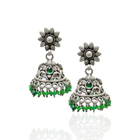 Azita 925 Sterling Silver Oxidised Jhumki Earrings for Women and Girls| Sun Flower Top with Green Stone | With Certificate of Authenticity & 925 Stamp|