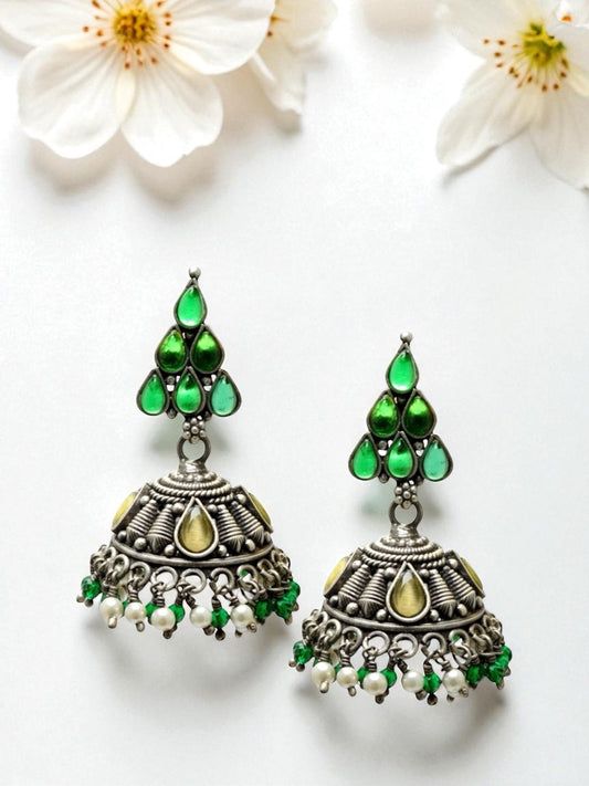 Azita 925 Sterling Silver Oxidised Jhumki Earrings for Women and Girls| Green Pyramid Top | With Certificate of Authenticity & 925 Stamp|