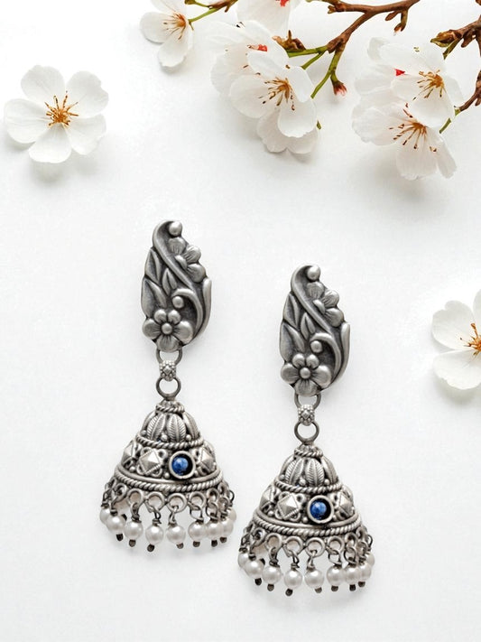 Azita 925 Sterling Silver Oxidised Jhumki Earrings for Women and Girls| Flower Top with Blue Stone | With Certificate of Authenticity & 925 Stamp|