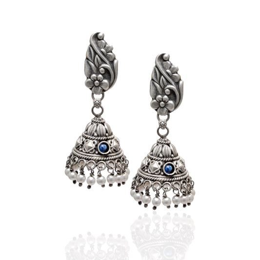 Azita 925 Sterling Silver Oxidised Jhumki Earrings for Women and Girls| Flower Top with Blue Stone | With Certificate of Authenticity & 925 Stamp|