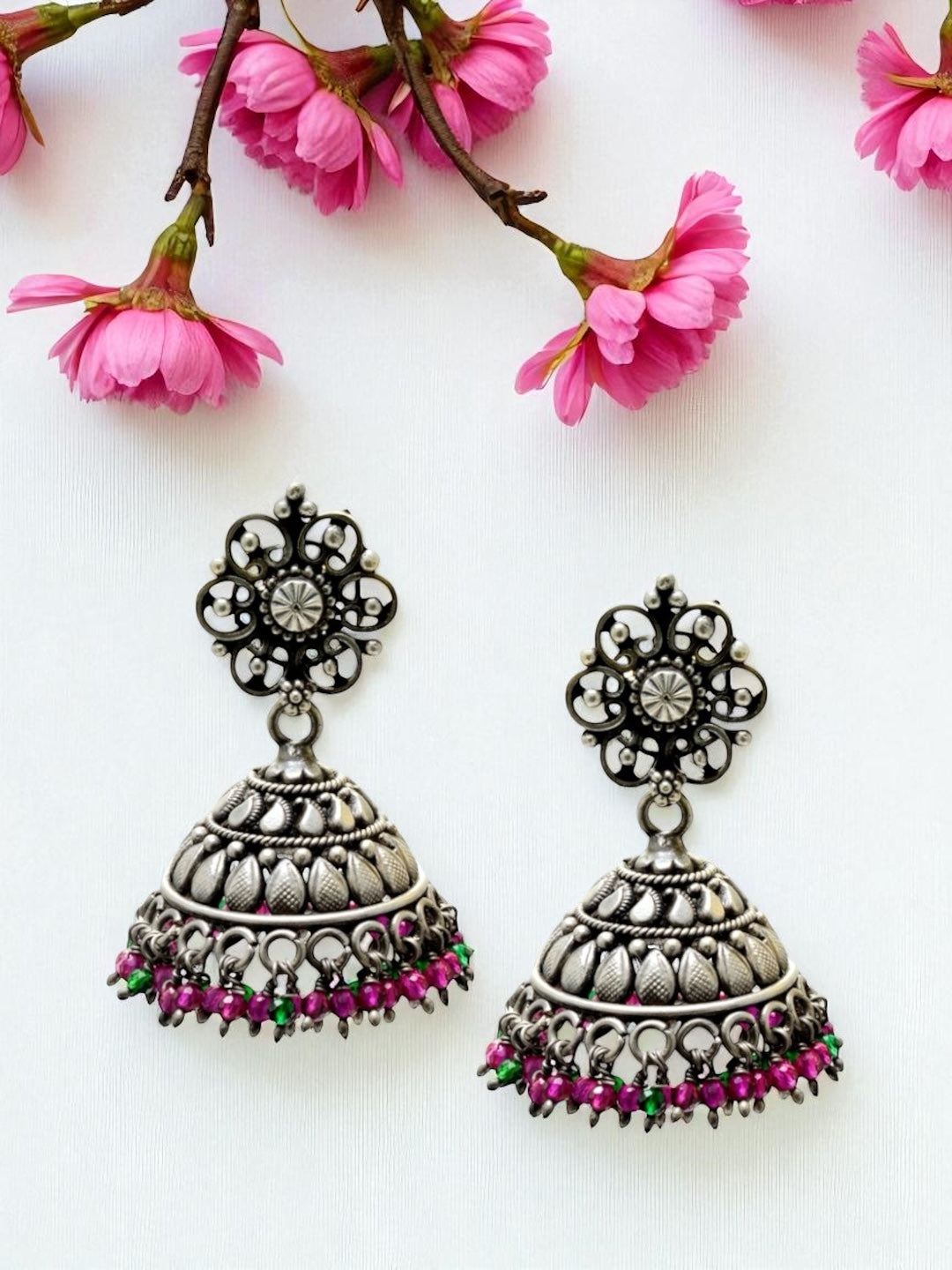 Azita 925 Sterling Silver Oxidised Jhumki Earrings for Women and Girls| Silver Flower Top | With Certificate of Authenticity & 925 Stamp|