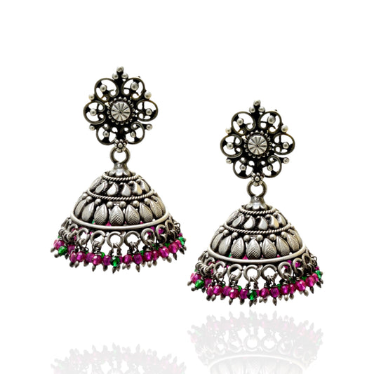 Azita 925 Sterling Silver Oxidised Jhumki Earrings for Women and Girls| Silver Flower Top | With Certificate of Authenticity & 925 Stamp|