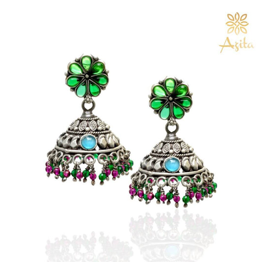 Azita 925 Sterling Silver Oxidised Jhumki Earrings for Women and Girls| Green Flower Top | With Certificate of Authenticity & 925 Stamp|