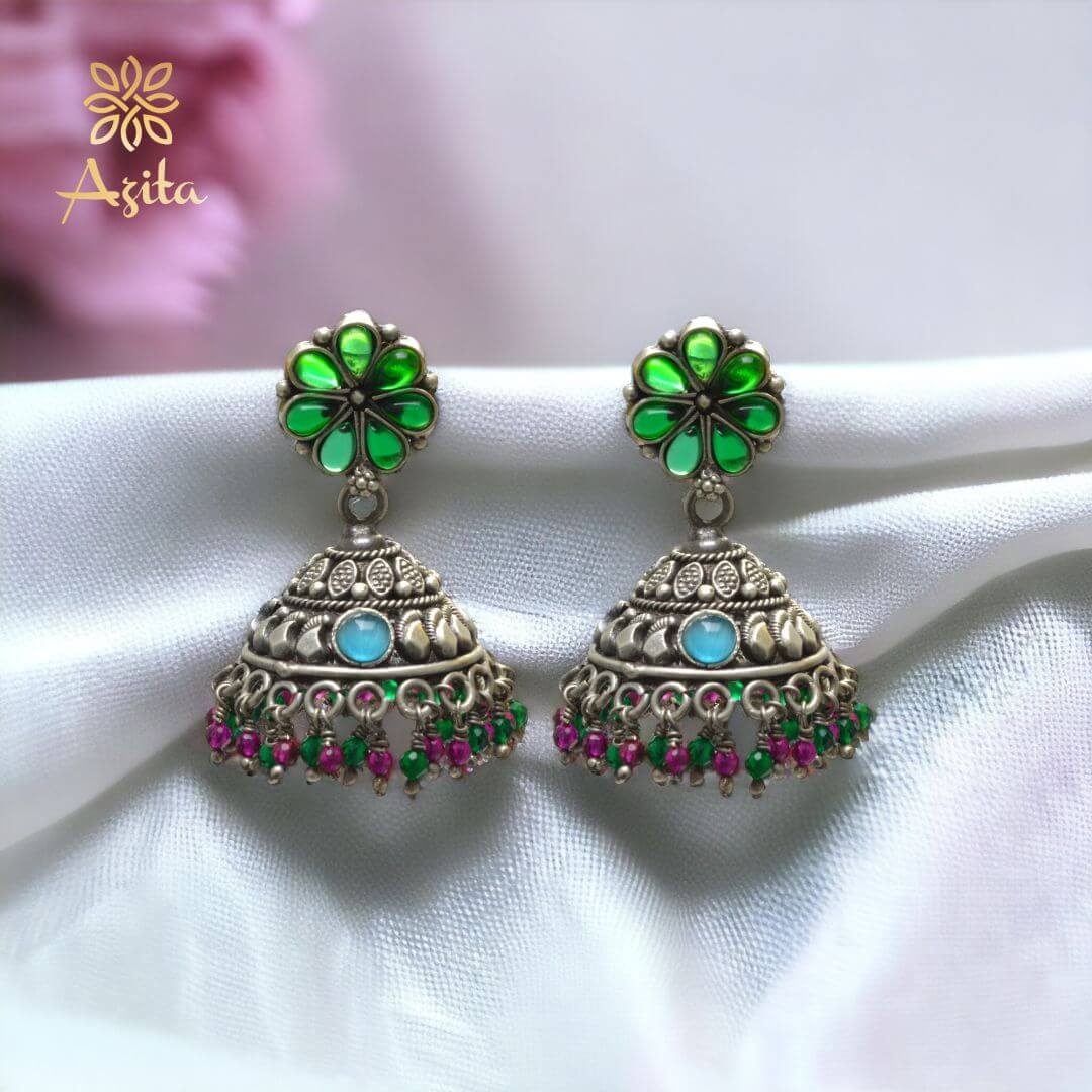 Azita 925 Sterling Silver Oxidised Jhumki Earrings for Women and Girls| Green Flower Top | With Certificate of Authenticity & 925 Stamp|