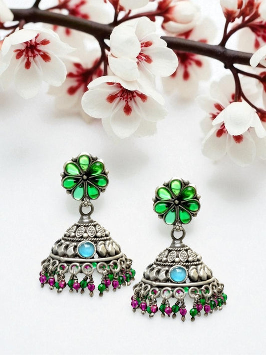Azita 925 Sterling Silver Oxidised Jhumki Earrings for Women and Girls| Green Flower Top | With Certificate of Authenticity & 925 Stamp|
