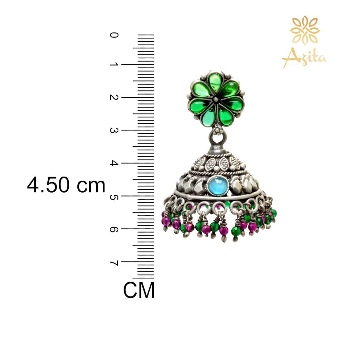 Azita 925 Sterling Silver Oxidised Jhumki Earrings for Women and Girls| Green Flower Top | With Certificate of Authenticity & 925 Stamp|