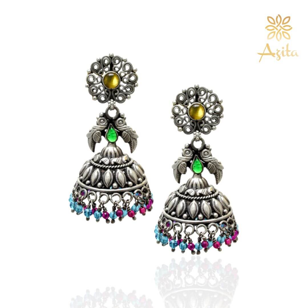 Azita 925 Sterling Silver Oxidised Jhumki Earrings for Women and Girls| Flower Top with Yellow Stone | With Certificate of Authenticity & 925 Stamp|