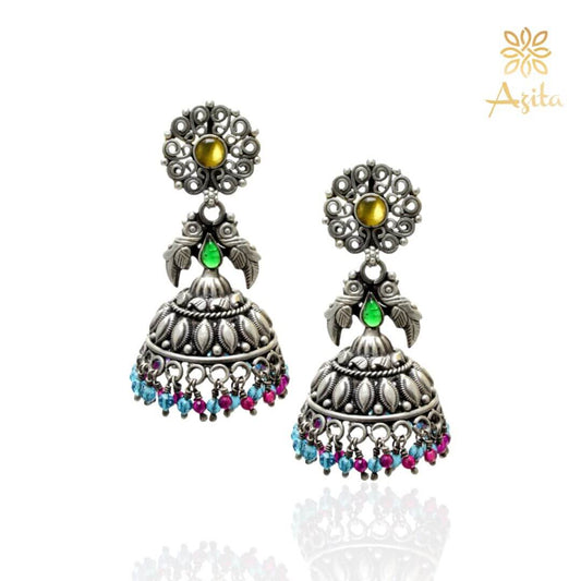 Azita 925 Sterling Silver Oxidised Jhumki Earrings for Women and Girls| Flower Top with Yellow Stone | With Certificate of Authenticity & 925 Stamp|