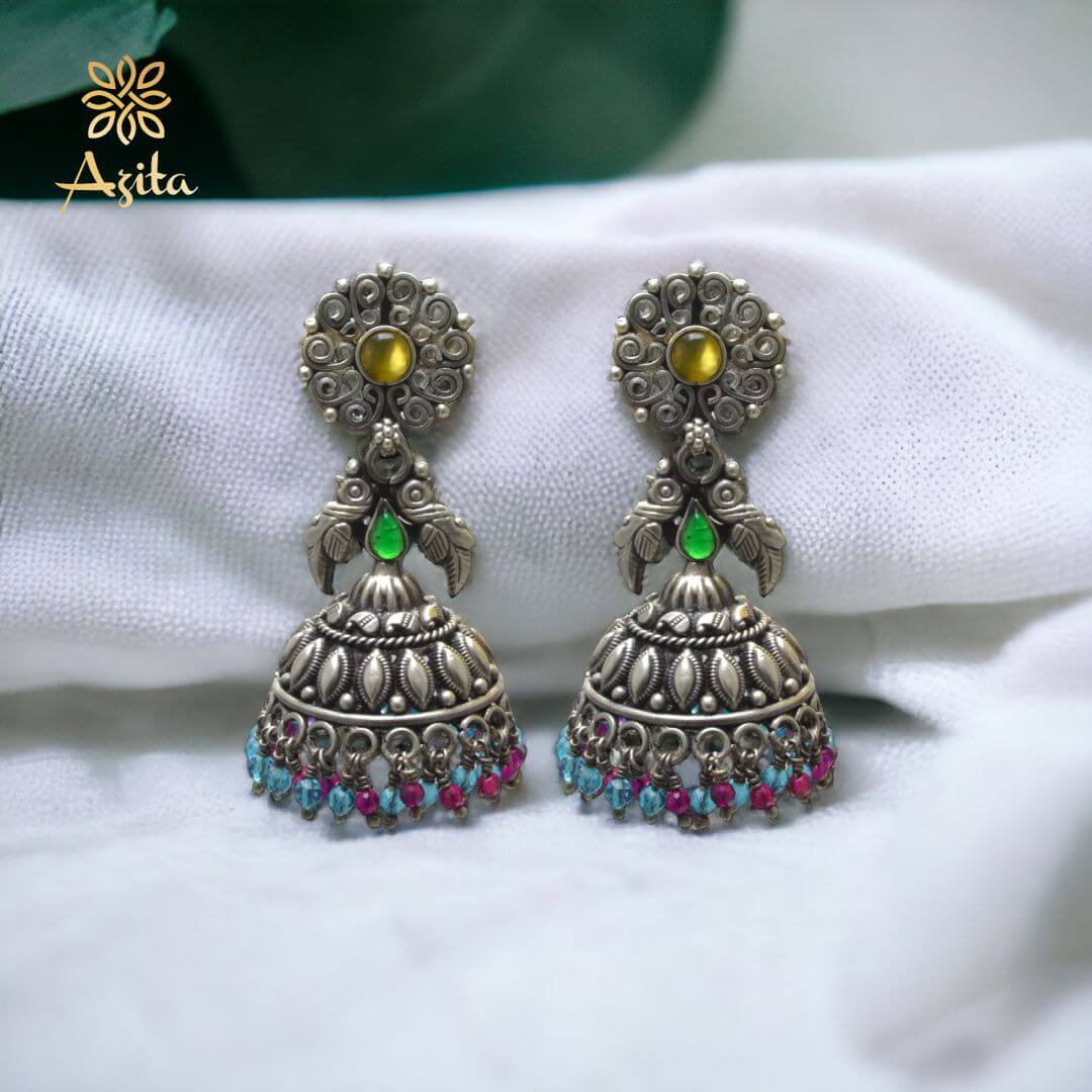 Azita 925 Sterling Silver Oxidised Jhumki Earrings for Women and Girls| Flower Top with Yellow Stone | With Certificate of Authenticity & 925 Stamp|