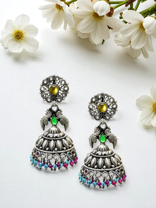 Azita 925 Sterling Silver Oxidised Jhumki Earrings for Women and Girls| Flower Top with Yellow Stone | With Certificate of Authenticity & 925 Stamp|