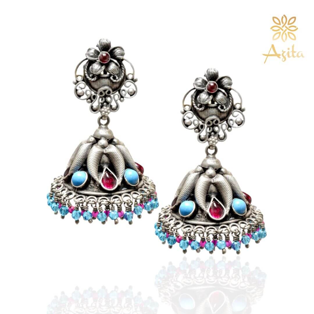 Azita 925 Sterling Silver Oxidised Jhumki Earrings for Women and Girls| Blue & Pink Stone Flower | With Certificate of Authenticity & 925 Stamp|