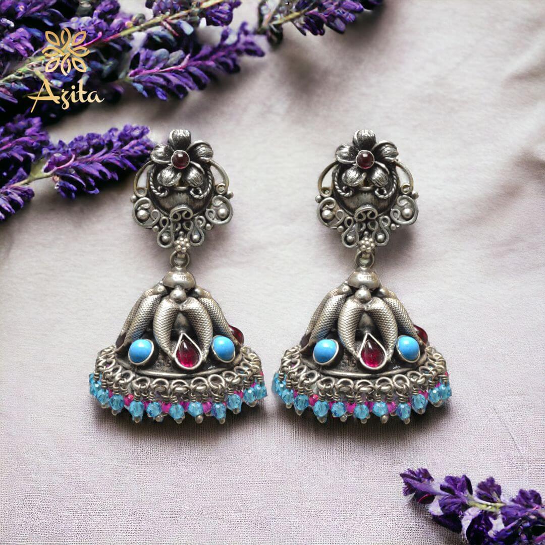 Azita 925 Sterling Silver Oxidised Jhumki Earrings for Women and Girls| Blue & Pink Stone Flower | With Certificate of Authenticity & 925 Stamp|