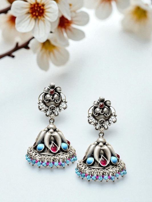 Azita 925 Sterling Silver Oxidised Jhumki Earrings for Women and Girls| Blue & Pink Stone Flower | With Certificate of Authenticity & 925 Stamp|