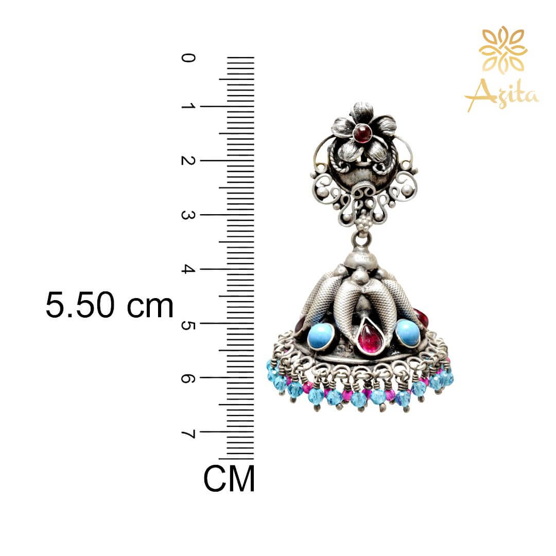 Azita 925 Sterling Silver Oxidised Jhumki Earrings for Women and Girls| Blue & Pink Stone Flower | With Certificate of Authenticity & 925 Stamp|