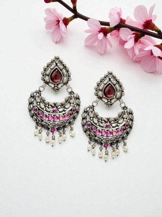 Azita 925 Sterling Silver Oxidised Dangle and Drop Earrings for Women and Girls| Big Pink Stone Chandbali| With Certificate of Authenticity and 925 Stamp.